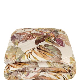 Piubelle Birds of Paradise Bed Spread in multi, cream base with tropical floral and leaf print, folded to show quilted texture