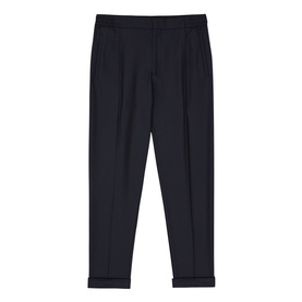 Reiss Brighton Pleat Front Trousers in navy blue, tapered leg with front pleats and turned-up cuffs