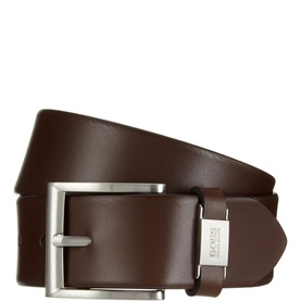 Hugo Boss Connio Leather Belt in brown with silver-tone square buckle and branded keeper loop