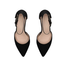 Kurt Geiger London Burlington Block Heels in black suede, pointed toe, open sides with adjustable buckle strap, nude insole, overhead view