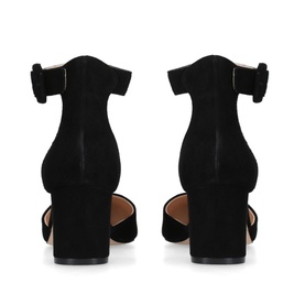 Kurt Geiger London Burlington Block Heels in black suede, rear view showing ankle strap with buckle fastening and block heel