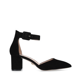 Kurt Geiger London Burlington Block Heels in black suede, pointed toe, ankle buckle strap, open sides, block heel
