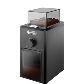 Delonghi KG79 Burr Grinder in black with transparent bean hopper, dial control, and lower grounds container window