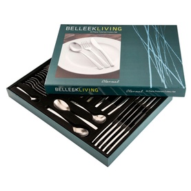 Belleek Living Eternal 44-Piece Cutlery Set in silver polished stainless steel, displayed in gift box with plate illustration on lid
