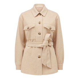 Forever New Rosie Belted Shacket in brown, button-front with chest pockets and self-tie belt, relaxed silhouette