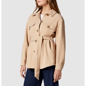 Model wearing Forever New Rosie Belted Shacket in brown, featuring chest pockets, button-front fastening and self-tie belt