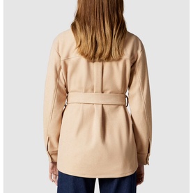 Model wearing Forever New Rosie Belted Shacket in brown, rear view, featuring a self-tie belt and long sleeves
