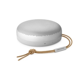 Bang & Olufsen Beosound A1 Gen 2 Grey Mist portable Bluetooth speaker with tan loop strap, grey perforated top