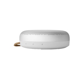 Bang & Olufsen Beosound A1 Gen 2 Grey Mist portable Bluetooth speaker, grey with perforated top and tan leather strap