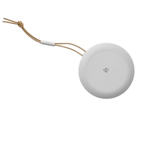 Bang & Olufsen Beosound A1 Gen 2 Grey Mist portable speaker, underside view with tan leather loop strap