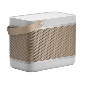 Bang & Olufsen Beolit 20 portable Bluetooth speaker in grey with champagne mesh grille and leather carry handle