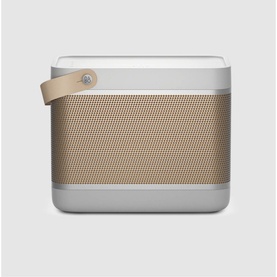 Bang & Olufsen Beolit 20 portable Bluetooth speaker in grey with gold mesh grille and tan leather carry handle