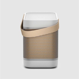 Bang & Olufsen Beolit 20 portable speaker in grey with gold mesh grille and tan leather carry handle