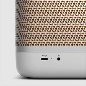 Bang & Olufsen Beolit 20 portable speaker in grey, close-up of USB-C and aux ports on base with gold grille detail