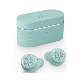 Bang & Olufsen Beoplay E8 3.0 True Wireless In-Ear Headphones in mint green, shown with matching ribbed charging case
