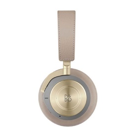 Bang & Olufsen Beoplay H9 Noise-Canceling Wireless Over-Ear Headphones in champagne and grey, rear view showing gold B&O logo