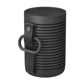 Bang & Olufsen Beosound Explore portable Bluetooth speaker in black with ribbed body and leather carry handle