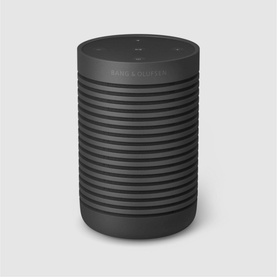 Bang & Olufsen Beosound Explore portable Bluetooth speaker in black, with ribbed cylindrical body and control buttons on top