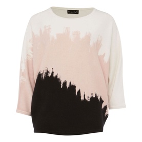 Phase Eight Bertie Brushstroke Fine Sweater in pink with black and cream brushstroke print, batwing three-quarter sleeves, round neck