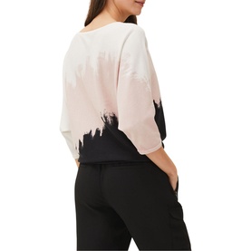 Model wearing Phase Eight Bertie Brushstroke Fine Sweater in pink with black brushstroke print, batwing three-quarter sleeves