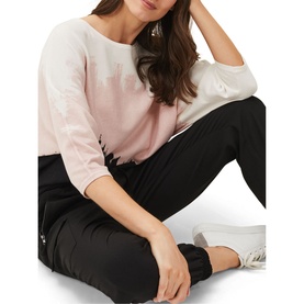 Model wearing Phase Eight Bertie Brushstroke Fine Sweater in pink with batwing three-quarter sleeves, styled with black trousers