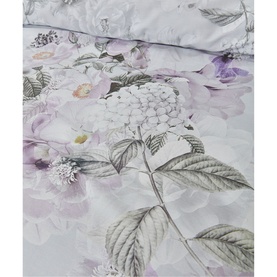 Bianca Amethyst 400 Thread Count Duvet Set in purple with large floral print featuring hydrangeas and roses on white ground