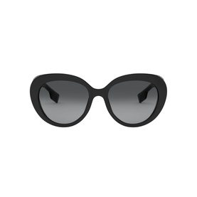 Burberry Cat Eye Sunglasses 0BE4298 in black with gradient grey lenses and slim temples, front-facing view