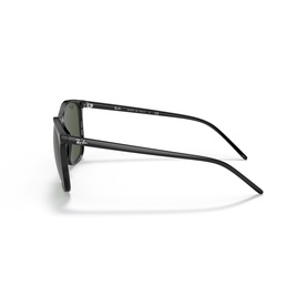 Ray-Ban sunglasses in black with slim temples, dark green lenses, and silver Ray-Ban branding detail, side profile view