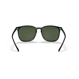 Black square-frame sunglasses, rear view showing dark green lenses and slim black temples against white background