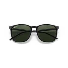 Ray-Ban sunglasses in black with square frames and dark green lenses, silver logo detail on temple