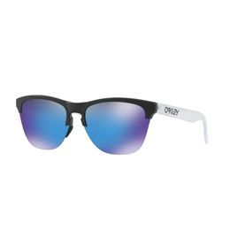 Oakley Frogskins Lite Round Sunglasses in black with white temples and blue-purple mirrored lenses