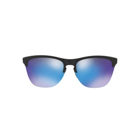 Oakley Frogskins Lite Round Sunglasses in black with half-rim frame and blue mirrored lenses, front view