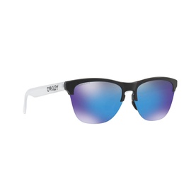 Oakley Frogskins Lite Round Sunglasses in black with clear lower frame and blue mirrored lenses, side profile view