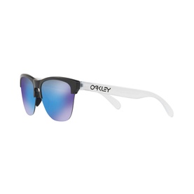 Oakley Frogskins Lite Round Sunglasses in black with clear temples and blue mirrored lenses, three-quarter view