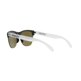 Oakley Frogskins Lite Round Sunglasses in black with matte dark lenses, white arms and Oakley branding, rear three-quarter view