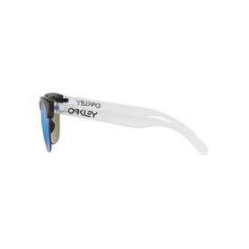 Oakley Frogskins Lite Round Sunglasses in black, side profile view showing clear frame arms with blue mirrored lens detail