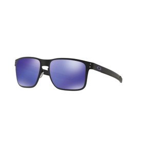 Oakley Holbrook Metal Square Sunglasses in black with violet-tinted lenses, silver rivet detailing on angular frames