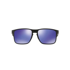 Oakley Holbrook Metal Square Sunglasses in black with square frames and violet mirrored lenses, front view