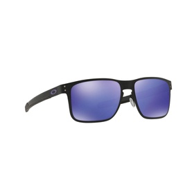 Oakley Holbrook Metal Square Sunglasses in black with violet-tinted lenses and slim metal frame, three-quarter view