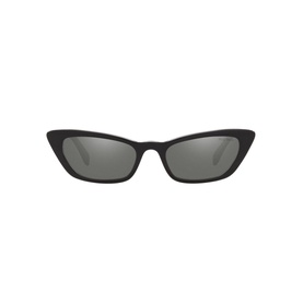 Miu Miu Cat Eye Sunglasses 0MU 10US in black with narrow angular frame and mirrored grey lenses