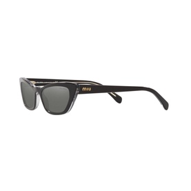 Miu Miu Cat Eye Sunglasses 0MU 10US in black with grey lenses, gold logo detail on temple, crystal-clear base