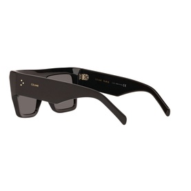 Celine CL40092I Irregular Sunglasses in black, angled rear view showing thick acetate temples with gold logo detail and grey lenses