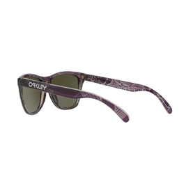 Oakley Frogskins Square Sunglasses in black with purple marbled print frames and dark lenses, rear three-quarter view