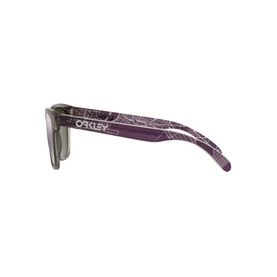 Oakley Frogskins Square Sunglasses in black with purple patterned temples, side profile view showing square frame silhouette