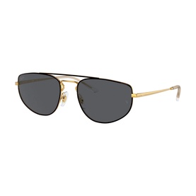 Ray-Ban 0RB3668 Rectangle Sunglasses in black with gold metal aviator-style frame, double bridge, and dark grey lenses