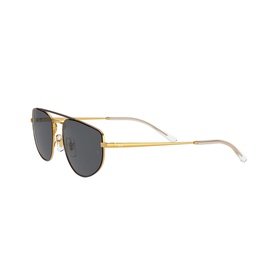 Ray-Ban 0RB3668 Rectangle Sunglasses in black with gold metal frames, dark grey lenses, and slim temples