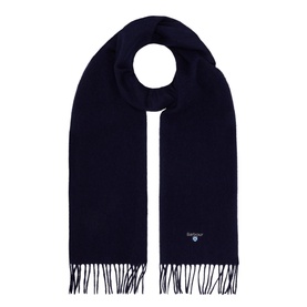 Barbour Lambswool Scarf in navy, plain woven with fringed ends and small embroidered logo, 180x25cm