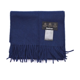 Barbour Lambswool Scarf in navy with fringe trim and branded label, 180 x 25 cm