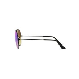 Ray-Ban Aviator Sunglasses RB3025 in black with purple mirrored lenses, shown from side profile view, slim metal frame