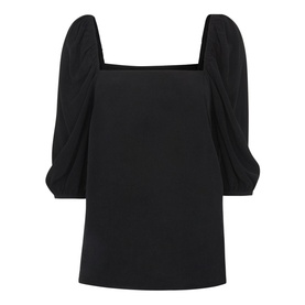 Whistles Blanche Square Neck Top in black with puff sleeves and square neckline, cupro-viscose blend